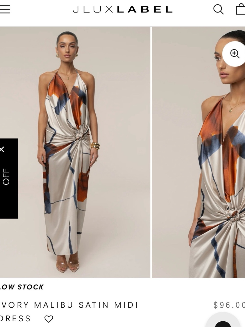 JLUXLABEL Ivory Satin Midi Dress with Rust and Navy Abstract Print - Picture 1 of 5
